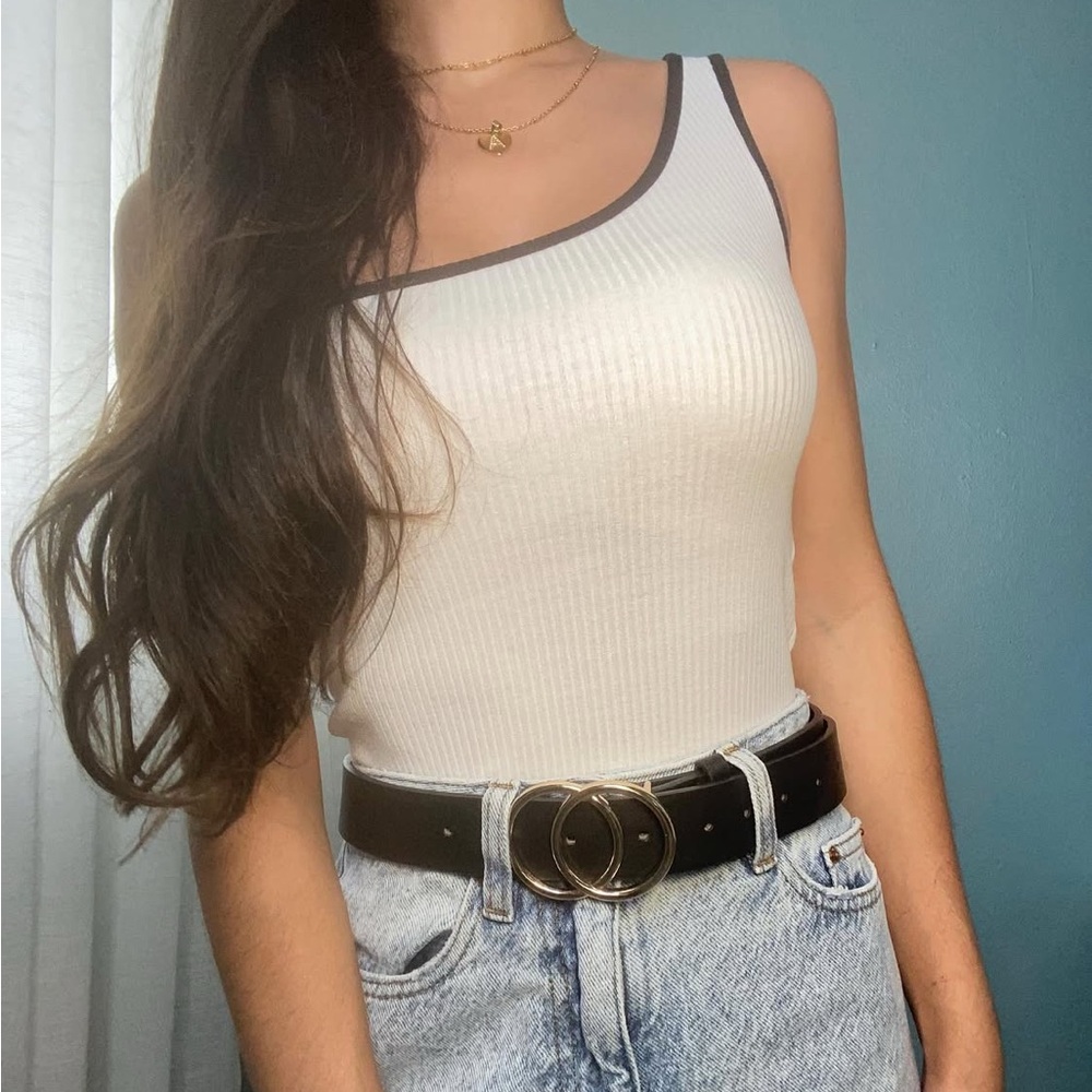 Crescent White Ribbed Black & White One Shoulder Tank Top